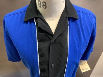 HILTON, Royal Blue, Black, White, Polyester, Rayon, Color Blocking, S/S, Button Front, C.A., Bowling Shirt