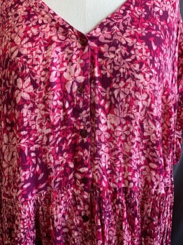 WOMAN WITHIN, Magenta Pink, Plum Purple, Dusty Pink, Off White, Rayon, Floral, V-neck, V-Back, Button Front, Short Sleeves, Crinkle Pleats, Hem Below Knee