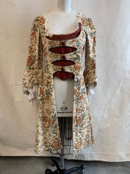 MTO, Beige, Brown, Lt Blue, Sage Green, Yellow, Cotton, Floral, 1700s, Square Neck, White Lace Trim on Neck, Brown Stomacher Attached, 3 Buttons Down Front on 3 Tabs, Hook & Eyes Underneath Tabs, L/S, Pleated Back, White Sleeves Attached Underneath Sleeves