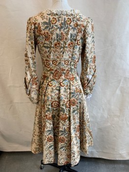 MTO, Beige, Brown, Lt Blue, Sage Green, Yellow, Cotton, Floral, 1700s, Square Neck, White Lace Trim on Neck, Brown Stomacher Attached, 3 Buttons Down Front on 3 Tabs, Hook & Eyes Underneath Tabs, L/S, Pleated Back, White Sleeves Attached Underneath Sleeves