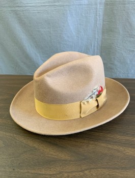 CAPAS DESIGN, Camel Brown, Wool, Solid, Felt, 2.5" Wide Brim, Camel Grosgrain Band with Red/Beige Feather Plume, Retro 1940's-1950's Inspired