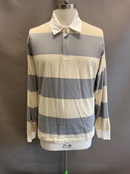 URBAN OUTFITTERS, Beige, Gray, Cotton, Stripes - Horizontal , White C.A. & Cuffs, 1/4 Button Front, Hidden Placket, L/S, Multiples 
