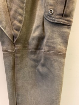 I LOVE UGLY, Olive Green, Cotton, Faux Leather, Solid, Twill, Jogger Pants with Tapered Elastic Cuffs, Brown Pleather Strips/Accents at Hips, 3 Pockets Including 1 Cargo Pocket at Hip, Zip Fly, Belt Loops, Lightly Aged