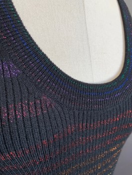 TRINA TURK, Black, Multi-color, Metallic, Wool, Polyester, Stripes - Horizontal , Knit, Sweater Dress, Rainbow Gradation of Stripes, Scoop Neck, Hem Above Knee, Fitted