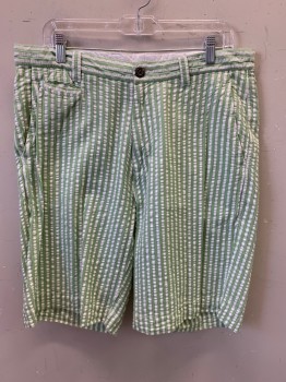 WASHED STONED & BEAT, Lt Green, White, Cotton, Seersucker, Flat Front, 5 Pockets