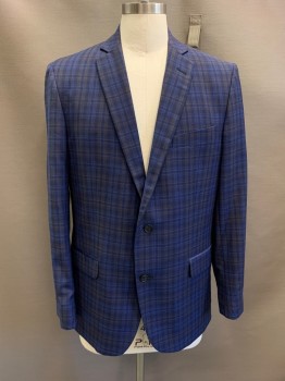 BROOKS BROTHERS, Navy Blue, Dk Brown, Dk Blue, Wool, Plaid, L/S, 2 Buttons, Single Breasted, Notched Lapel, 3 Pockets