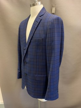 BROOKS BROTHERS, Navy Blue, Dk Brown, Dk Blue, Wool, Plaid, L/S, 2 Buttons, Single Breasted, Notched Lapel, 3 Pockets