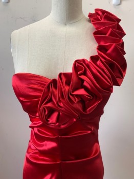 BLONDIE, Red, Polyester, Spandex, Solid, 1 Shoulder with Ruffle Rosettes, Mermaid,