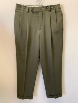 BROOKS BROTHERS, Dk Olive Grn, Wool, Solid, Zip Front, Button Closure, Pleated Front, 4 Pockets, Cuffed, Creased