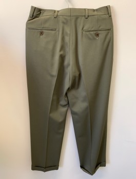 BROOKS BROTHERS, Dk Olive Grn, Wool, Solid, Zip Front, Button Closure, Pleated Front, 4 Pockets, Cuffed, Creased