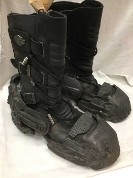 HARLEY DAVIDSON, Black, Leather, Rubber, Motorcycle Mid Calf Boot with Futuristic Rubber Attachments at Toe and Ankle, Coded Lacing Around Calves