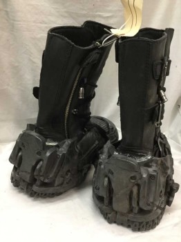 HARLEY DAVIDSON, Black, Leather, Rubber, Motorcycle Mid Calf Boot with Futuristic Rubber Attachments at Toe and Ankle, Coded Lacing Around Calves