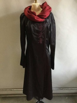 Womens, Sci-Fi/Fantasy Coat/Robe, MTO, Black, Red, Silk, Solid, Text, XS, 2 Color Weave Of Black and Red, Princess Seams, Pleated Neck Cowl That Can Be Pulled Up To Be A Hood, 2 Hook & Eyes, Long Sleeves, Asian Embroidery, Multiples