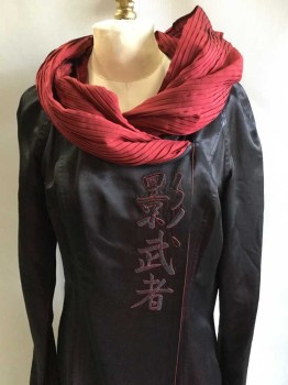 Womens, Sci-Fi/Fantasy Coat/Robe, MTO, Black, Red, Silk, Solid, Text, XS, 2 Color Weave Of Black and Red, Princess Seams, Pleated Neck Cowl That Can Be Pulled Up To Be A Hood, 2 Hook & Eyes, Long Sleeves, Asian Embroidery, Multiples