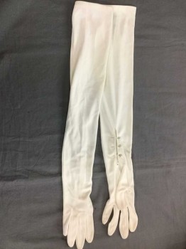 Womens, Gloves 1890s-1910s, VAN KAALTE, White, Nylon, 7, Knit, 3 Pearl Buttons at Wrist, Long Length,