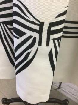 TED BAKER, Black, White, Polyester, Viscose, Solid, Novelty Pattern, Top Half is Solid Black Stretch Ponte, Sleeveless, Round Neck,  Invisible Zipper at Center Front, Bottom Half is White Faille with Black Bows Graphic/Print Near Hem, Large Box Pleats at Waist, Hem Above Knee,  Gold Zipper at Center Back  **Barcode is on Pocket Lining