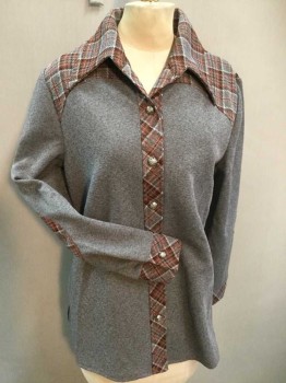 Womens, 1970s Vintage, Suit, Jacket, TED MARTIN, Gray, Rust Orange, Dk Brown, White, Polyester, Solid, Plaid, W 30, B 40, Heather Gray with Plaid Pointy Collar Attached, Plaid Placket/Yoke/Cuff/Elbow Patches