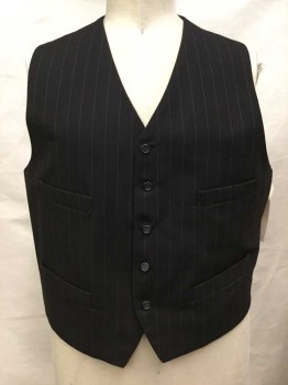 Mens, Vest 1890s-1910s, Faded Black, Gray, Wool, Stripes - Pin, Ch 44, Button Front, 4 Pockets,
