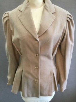 N/L, Beige, Wool, Silk, Solid, Long Sleeves, 4 Button Front, Notch Lapel, Puffy Sleeves with Pleating At Shoulders, Darts At Front Waist Which Merge Into Inverted Pleats, Peach Silk Lining, Made To Order,