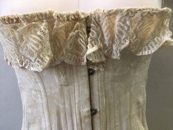 Womens, Corset 1890s-1910s, LA TERRILLE, Cream, White, Herringbone, W30+, B36+, H46+, Long:  Cream Herringbone with Large Lace Trim Top, Busk Hook Front with Lace Up at Bottom, White Lacing Back, Garter Straps, Large Hip Measurement