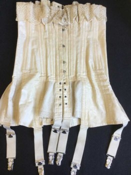 Womens, Corset 1890s-1910s, LA TERRILLE, Cream, White, Herringbone, W30+, B36+, H46+, Long:  Cream Herringbone with Large Lace Trim Top, Busk Hook Front with Lace Up at Bottom, White Lacing Back, Garter Straps, Large Hip Measurement
