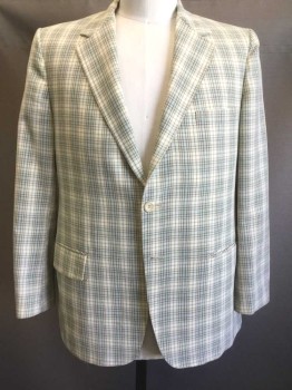 Mens, Blazer/Sport Co, HIGGINS, Cream, Tan Brown, Gray, Black, Polyester, Plaid, 42R, Single Breasted, Notched Lapel, 2 Buttons, 3 Pockets,