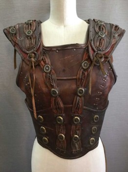 Mens, Historical Fict. Breastplate , MTO, Brown, Leather, S, Brown Leather , Braided Detail with Metal Oval Studs, Lace Up Sides, Shoulder/Collar Piece Attached At Front, Metal Brooch Center Back,  Panels Wrap Around Back To Lace In Back
