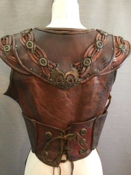 Mens, Historical Fict. Breastplate , MTO, Brown, Leather, S, Brown Leather , Braided Detail with Metal Oval Studs, Lace Up Sides, Shoulder/Collar Piece Attached At Front, Metal Brooch Center Back,  Panels Wrap Around Back To Lace In Back
