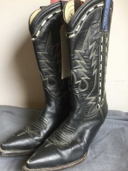 Womens, Boots, La Gran Bota, Black, Cream, Leather, 6 1/2, Pointy Toe, Black Leather Cowboy Boot with Cream Embroidery