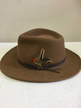 Womens, Hat , SCALA, Brown, Wool, Leather, Solid, XL, Brown, Brown Leather Band with Feather