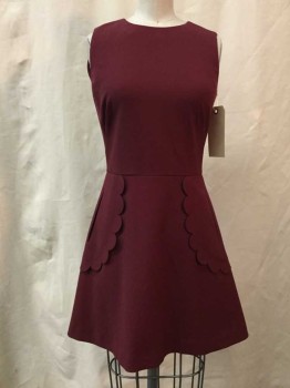 RED VALENTINO, Maroon Red, Synthetic, Solid, Maroon, Crew Neck, Sleeveless, Scallopped Pockets, Zip Back