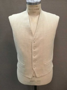 Mens, 1920s Vintage, Suit, Vest, N/L MTO, Cream, Wool, Rayon, Herringbone, 38R, Made To Order, Cream Herringbone Front, Rayon Silk Back, 2 Pockets, Self Buckle Back, 5 Buttons