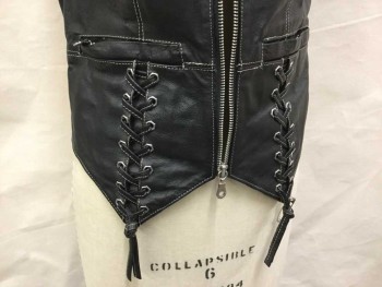 Womens, Leather Vest, HARLEY DAVIDSON, Black, Leather, Nylon, Solid, S, Black Leather W/cream Top-stitches, V-neck, Zip Front, 2 Pockets W/zipper & Lacing Work, Lacing & Cream Embroidery & Diamond Petal  Waist Back, (rust Paint on Upper Left Chest)