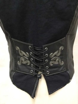 Womens, Leather Vest, HARLEY DAVIDSON, Black, Leather, Nylon, Solid, S, Black Leather W/cream Top-stitches, V-neck, Zip Front, 2 Pockets W/zipper & Lacing Work, Lacing & Cream Embroidery & Diamond Petal  Waist Back, (rust Paint on Upper Left Chest)
