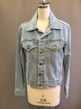 Womens, Jean Jacket, AMERICAN APPAREL, Lt Blue, Denim Blue, Cotton, Solid, XXS, Brass Button Front, Collar Attached, Long Sleeves, 4 Pockets,