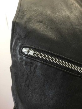 Mens, Leather Vest, BOY LONDON, Black, Leather, Solid, XL, Silver Metal Zip at Center Front, 1 Zip Pocket at Chest, Open Panels at Sides with 3 Straps with Metal Buckles