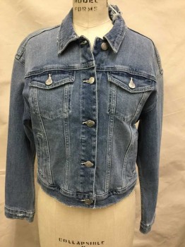 Womens, Jean Jacket, JOE'S, Denim Blue, Cotton, Spandex, Solid, S, Medium-Light Faded Denim, Off White Top Stitching, Silver Button Front, Collar Attached, 4 Pockets, Ruffle at Center Back Yoke, Has Some Distressing/Holes/Wear Throughout, Especially at Center Back Collar