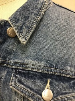 Womens, Jean Jacket, JOE'S, Denim Blue, Cotton, Spandex, Solid, S, Medium-Light Faded Denim, Off White Top Stitching, Silver Button Front, Collar Attached, 4 Pockets, Ruffle at Center Back Yoke, Has Some Distressing/Holes/Wear Throughout, Especially at Center Back Collar