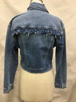 JOE'S, Denim Blue, Cotton, Spandex, Solid, Medium-Light Faded Denim, Off White Top Stitching, Silver Button Front, Collar Attached, 4 Pockets, Ruffle at Center Back Yoke, Has Some Distressing/Holes/Wear Throughout, Especially at Center Back Collar