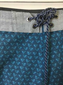 VISSLA, Slate Blue, Gray, Sea Foam Green, Blue, Polyester, Cotton, Geometric, Board Shorts, Slate Blue with Blue/Seafoam Triangles Pattern, Gray 2" Wide Waistband, Velcro Closures at Waist, Navy and White Cord Ties at Waist, Gray Trim at Leg Openings and Side Seam, 10" Inseam
