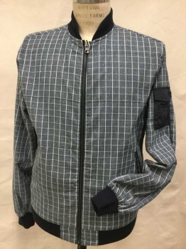 SOVEREIGN CODE, Lt Blue, White, Gray, Navy Blue, Polyester, Cotton, Plaid-  Windowpane, Heather Light Blue W/white & Gray Windowpane Plaid, Navy Pocket & Trim, Navy Ribbed Knit Collar Attached, Long Sleeves Cuffs and Hem, Zip Front,