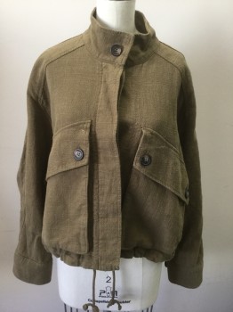 ZARA, Brown, Linen, Cotton, Solid, Textured Linen Blend, Hidden Button Closures at Front, Stand Collar, 2 Large Chest Pockets with Button Flap Closures, Cropped Length, Boxy Fit, Drawstring at Inside Waist, No Lining
