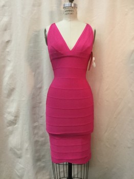 HERVE LEGER, Hot Pink, Spandex, Synthetic, Solid, V-neck, Sleeveless, Body Contour, Hand Stitching at Top of Center Back Can Be Removed
