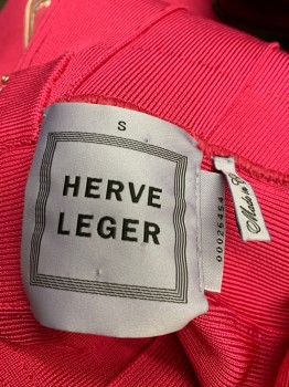 HERVE LEGER, Hot Pink, Spandex, Synthetic, Solid, V-neck, Sleeveless, Body Contour, Hand Stitching at Top of Center Back Can Be Removed