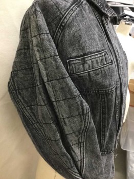 CARMAR, Black, Gray, Cotton, Heathered, Heather Black/gray Denim, Cropped, Collar Attached, 2 Metal Button Front, 3 Pockets, Square Quilt @ Shoulder & Arm, Aged, Heather Brown/black Ribbed Knit Cuffs & Hem