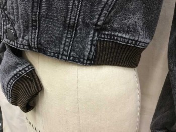 CARMAR, Black, Gray, Cotton, Heathered, Heather Black/gray Denim, Cropped, Collar Attached, 2 Metal Button Front, 3 Pockets, Square Quilt @ Shoulder & Arm, Aged, Heather Brown/black Ribbed Knit Cuffs & Hem