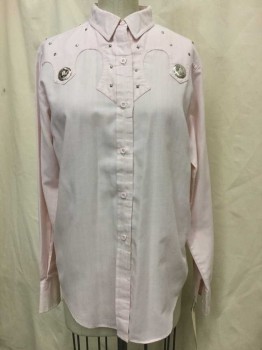 Womens, Shirt, RANCH WEAR, Lt Pink, Gray, Synthetic, Stripes - Pin, S, Lt Pink, Gray Pin Stripes, Button Front, Collar Attached, Long Sleeves, Studded Yolk