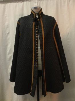Unisex, Sci-Fi/Fantasy Cape/Cloak, NO LABEL, Black, Gold, Synthetic, Abstract , OS, Black Sparkly Quilted, Gold Rope Trim, Black Velvet Self Tie Neck, Gold Buttons