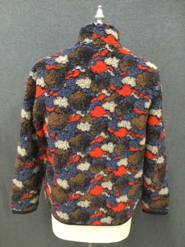 CLOSED, Red, Blue, Brown, Lt Gray, Polyester, Wool, Abstract , Fleece, Cloud-like Pattern, Zip Front, Stand Collar, 2 Side Pockets, 1 Solid Black Nylon Chest Zip Pocket, Long Sleeves, Black Nylon Cuff/Waistband