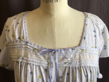 Womens, Nightgown, EARTH ANGELS, White, Baby Blue, Gray, Yellow, Blue, Cotton, Polyester, Floral, M, Square Neck with Baby Blue Ribbon Lacing Through Trim  Bow Tie, with White Lace & Horizontal Pleat Work,  Cap Sleeves, 7 Button Front, Floor Length